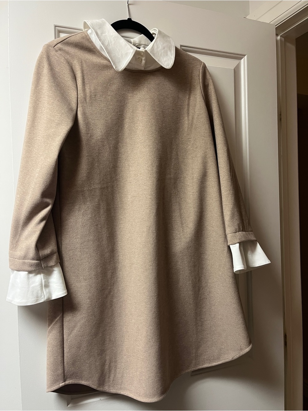 Tuckernuck Women's Tan Dress with White Collar and Cuffs Size M